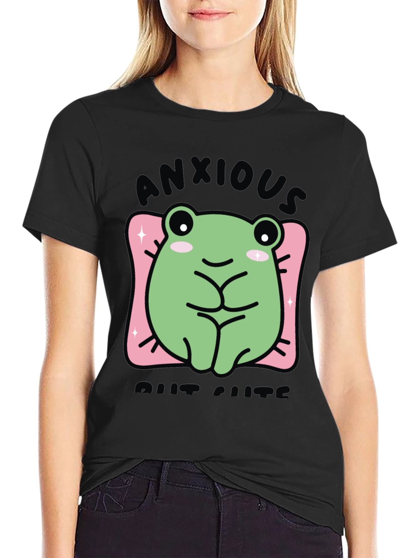Anxious But Cute Frog Graphic Tee - Black