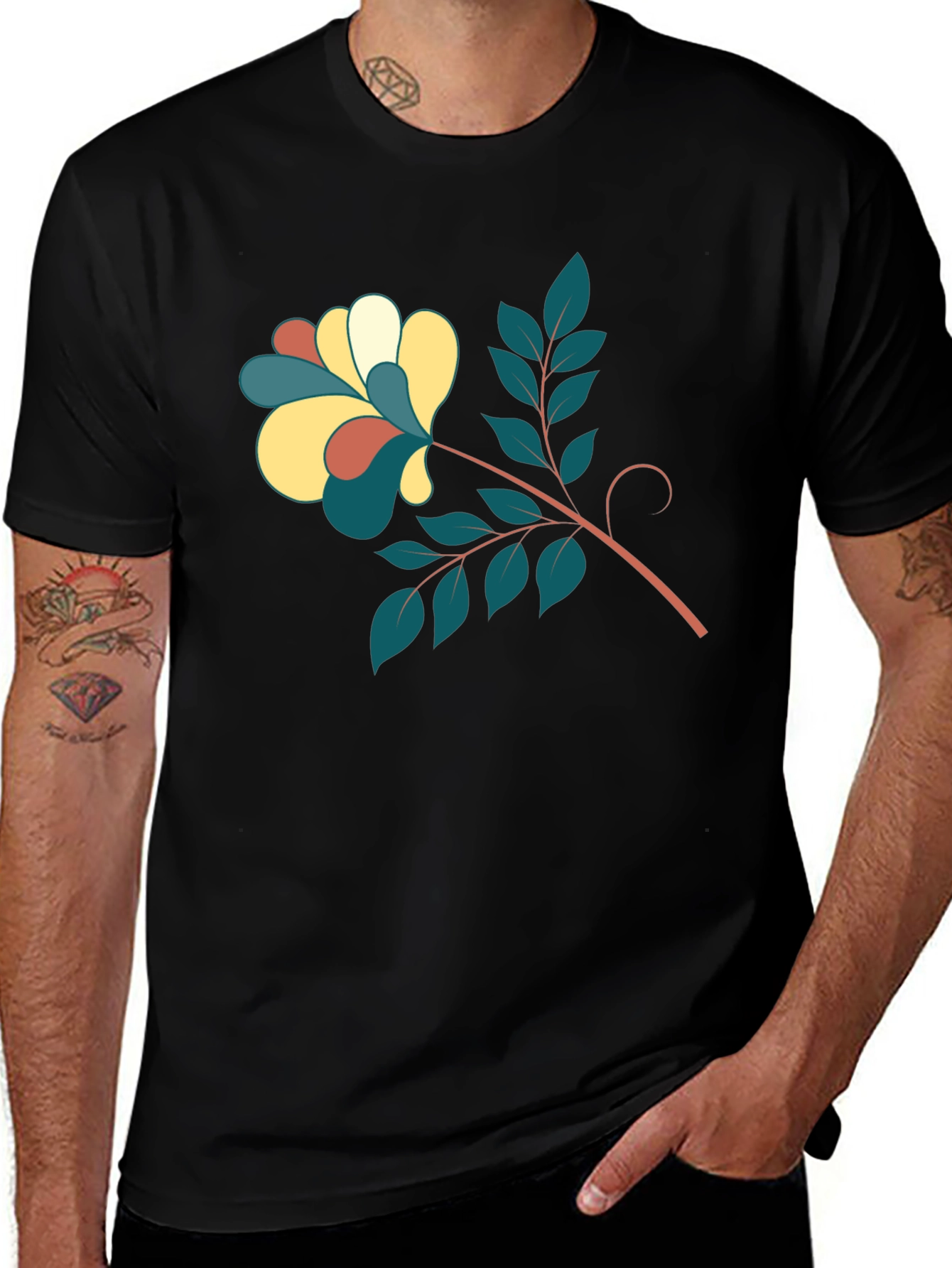 Stylish Black Tee with Floral Print