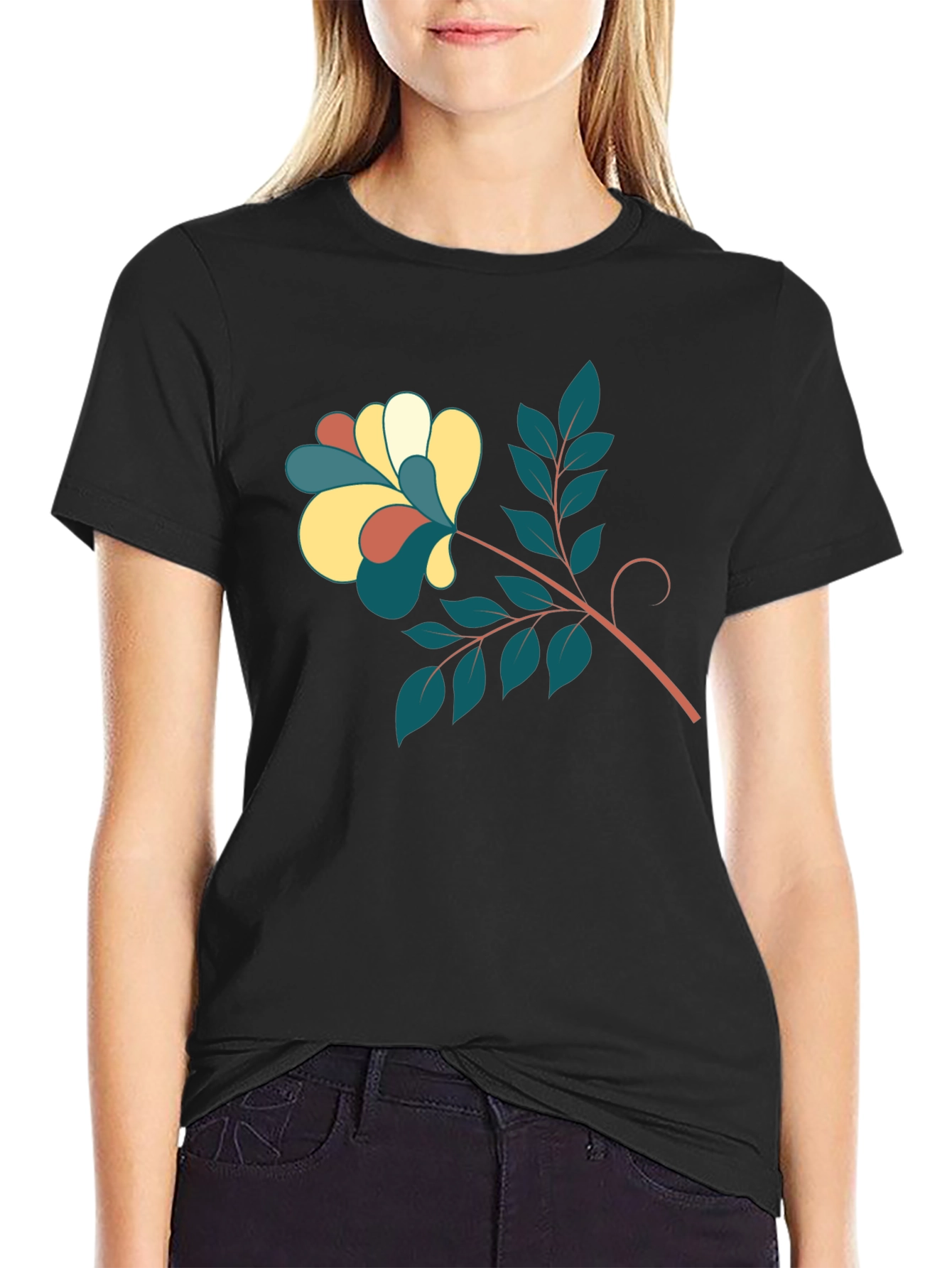 Stylish Black Tee with Floral Print