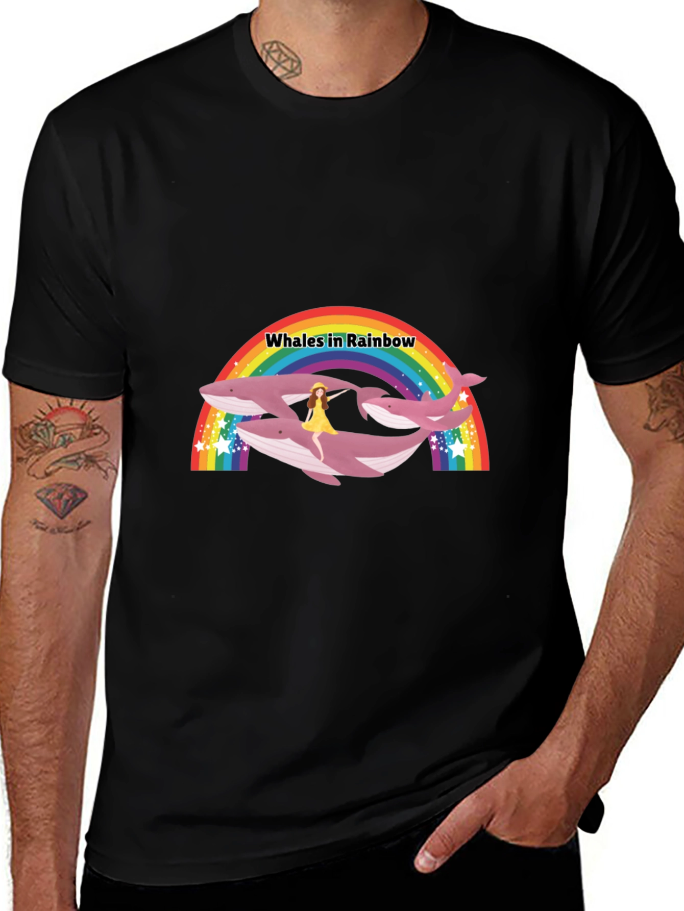 Whales in Rainbow Graphic Black T-Shirt
