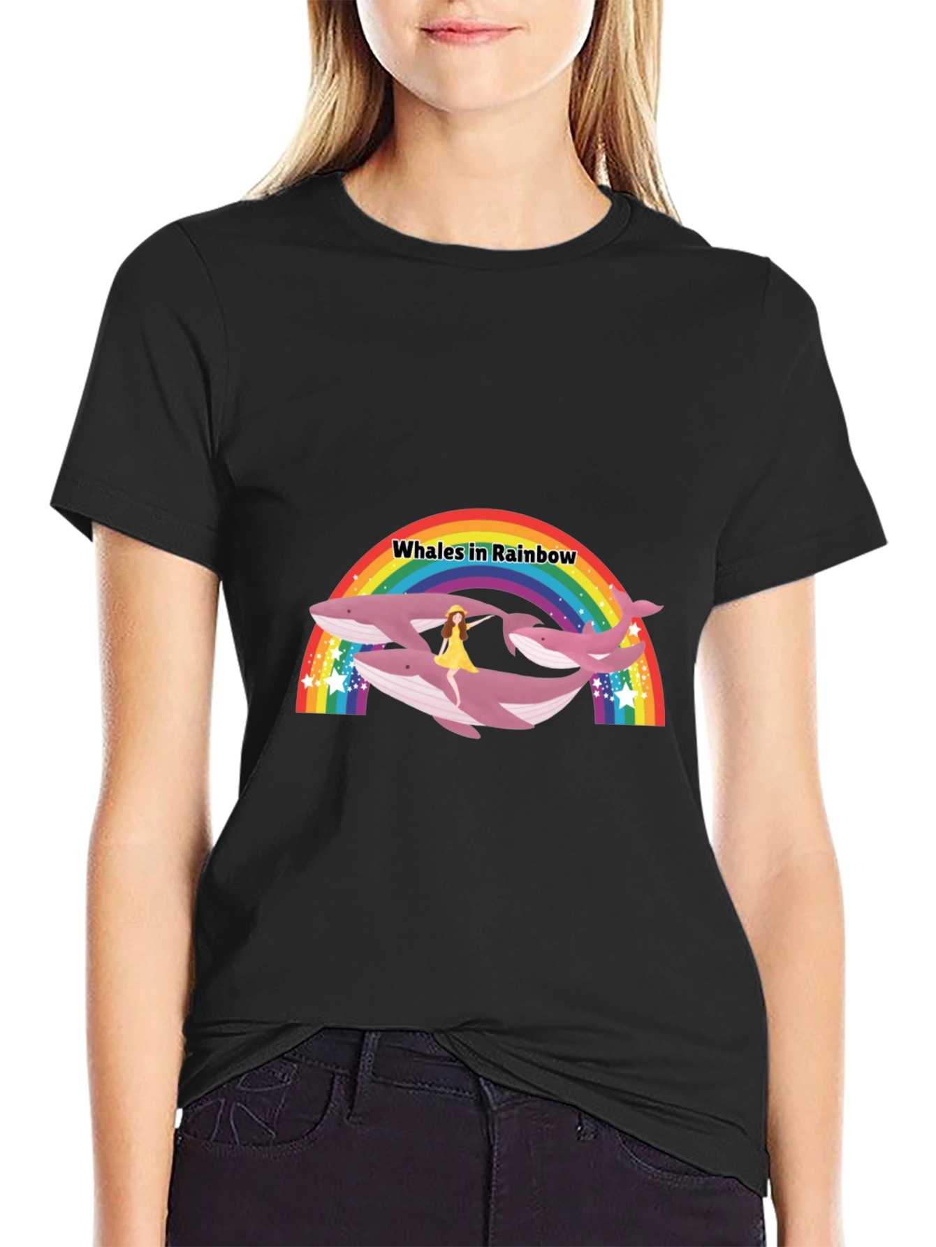 Whales in Rainbow Graphic Black T-Shirt
