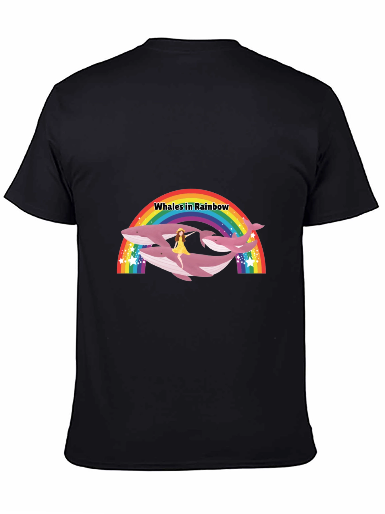 Whales in Rainbow Graphic Black T-Shirt