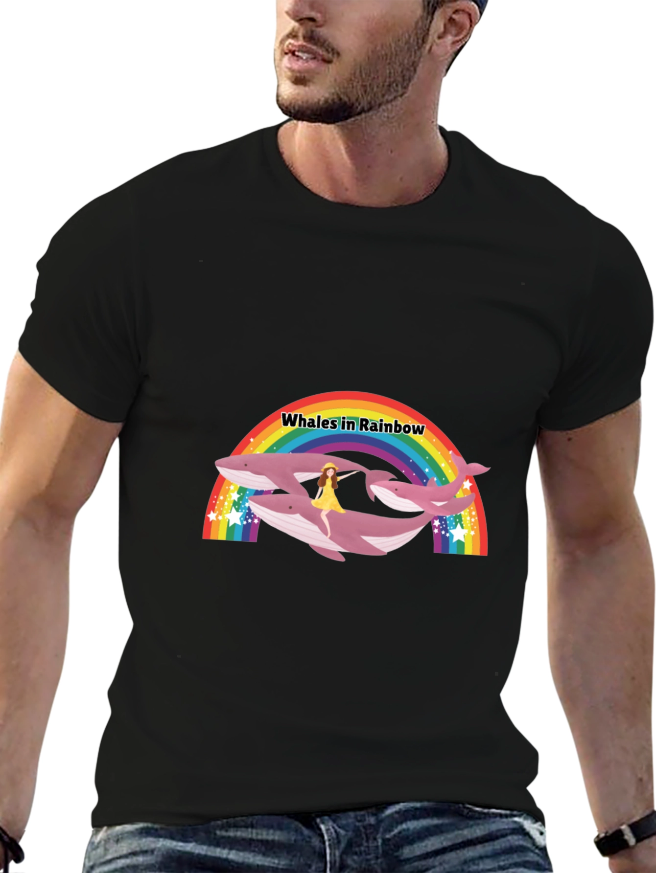 Whales in Rainbow Graphic Black T-Shirt