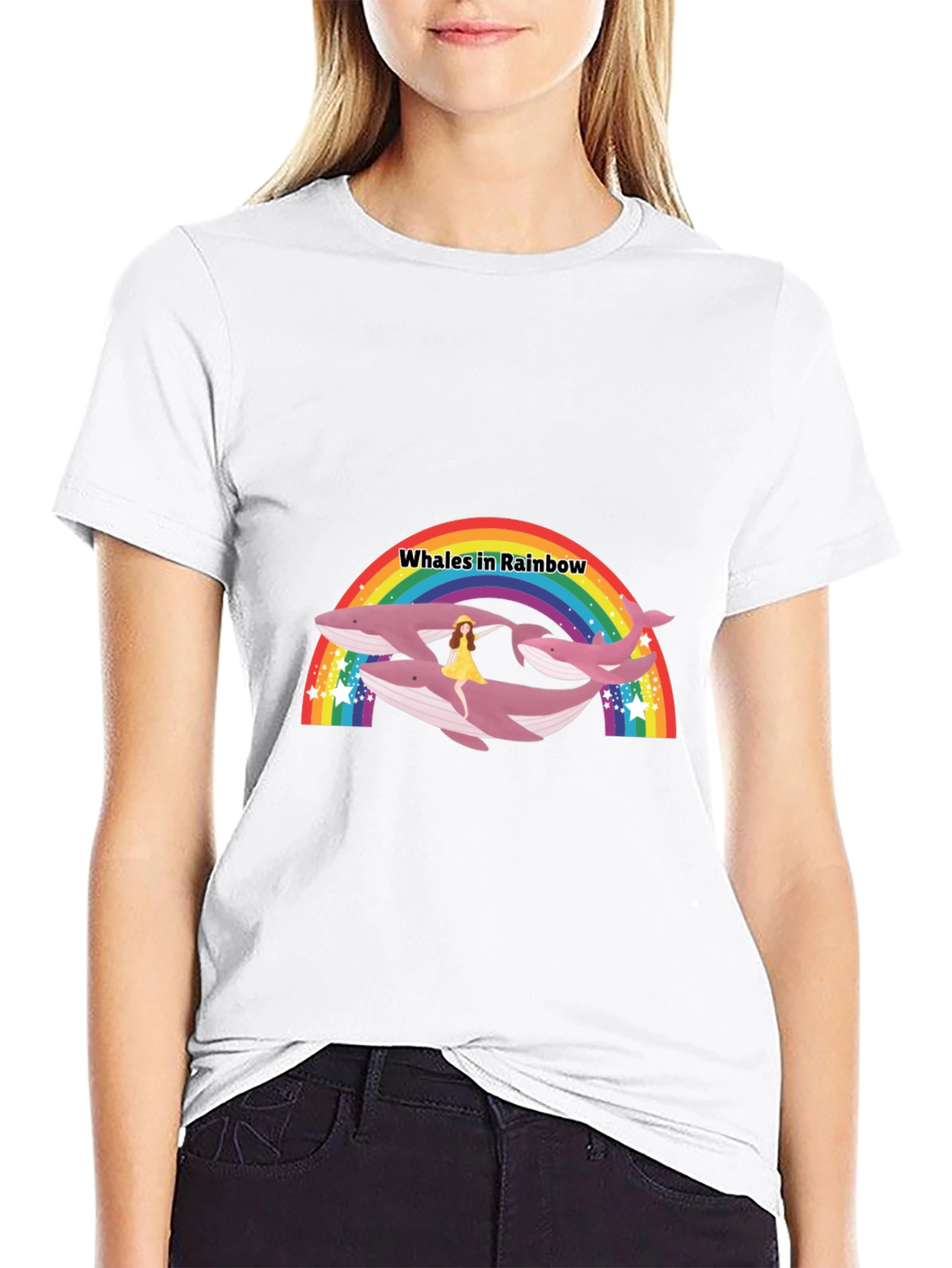 Whales in Rainbow Graphic Black T-Shirt