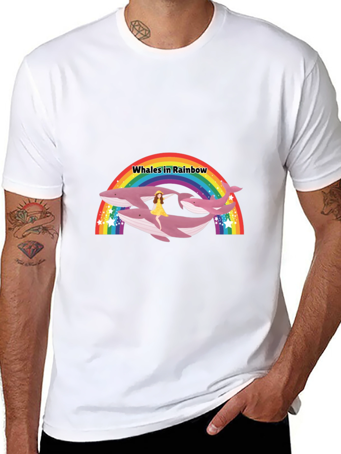 Whales in Rainbow Graphic Black T-Shirt