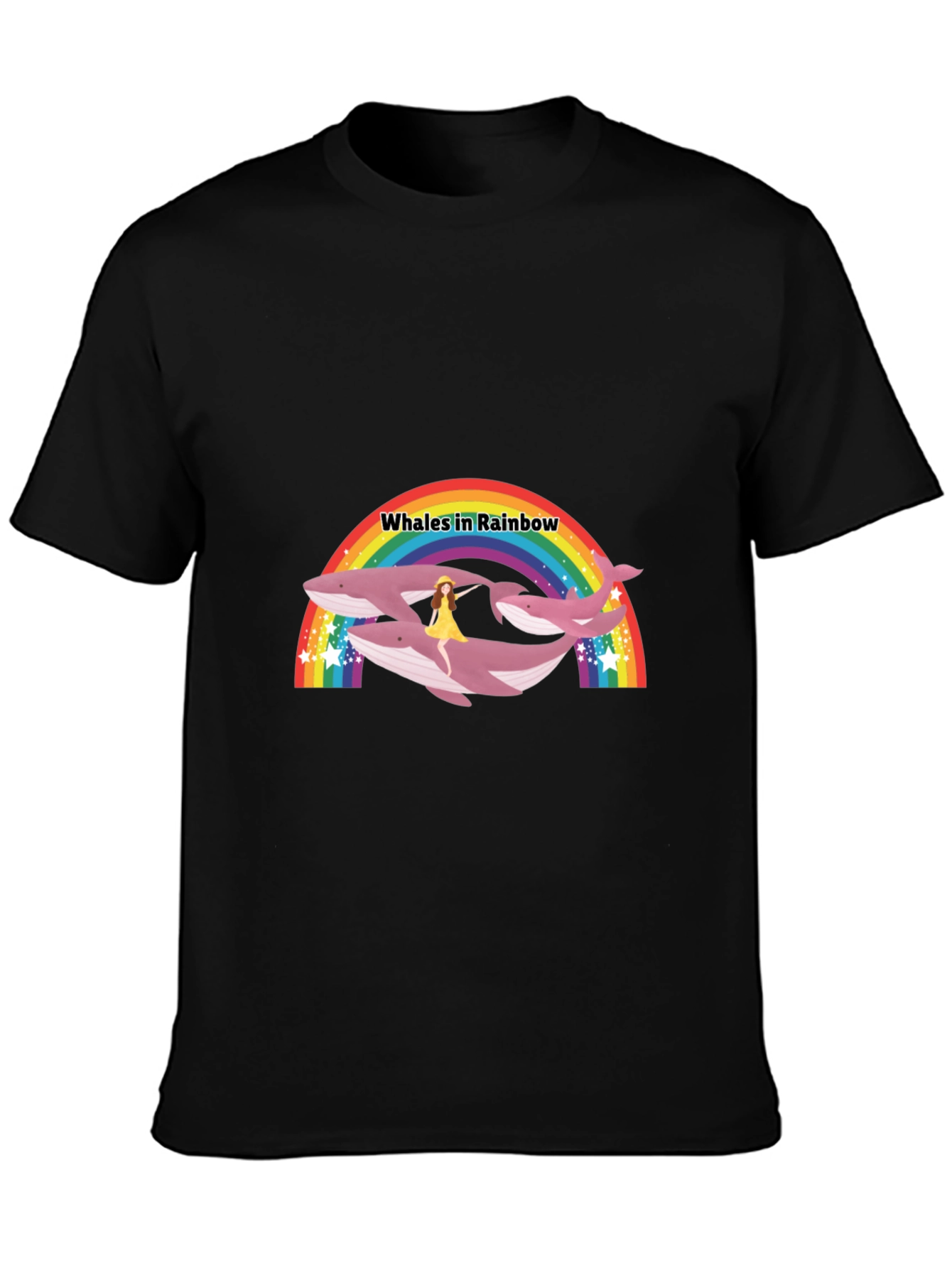 Whales in Rainbow Graphic Black T-Shirt