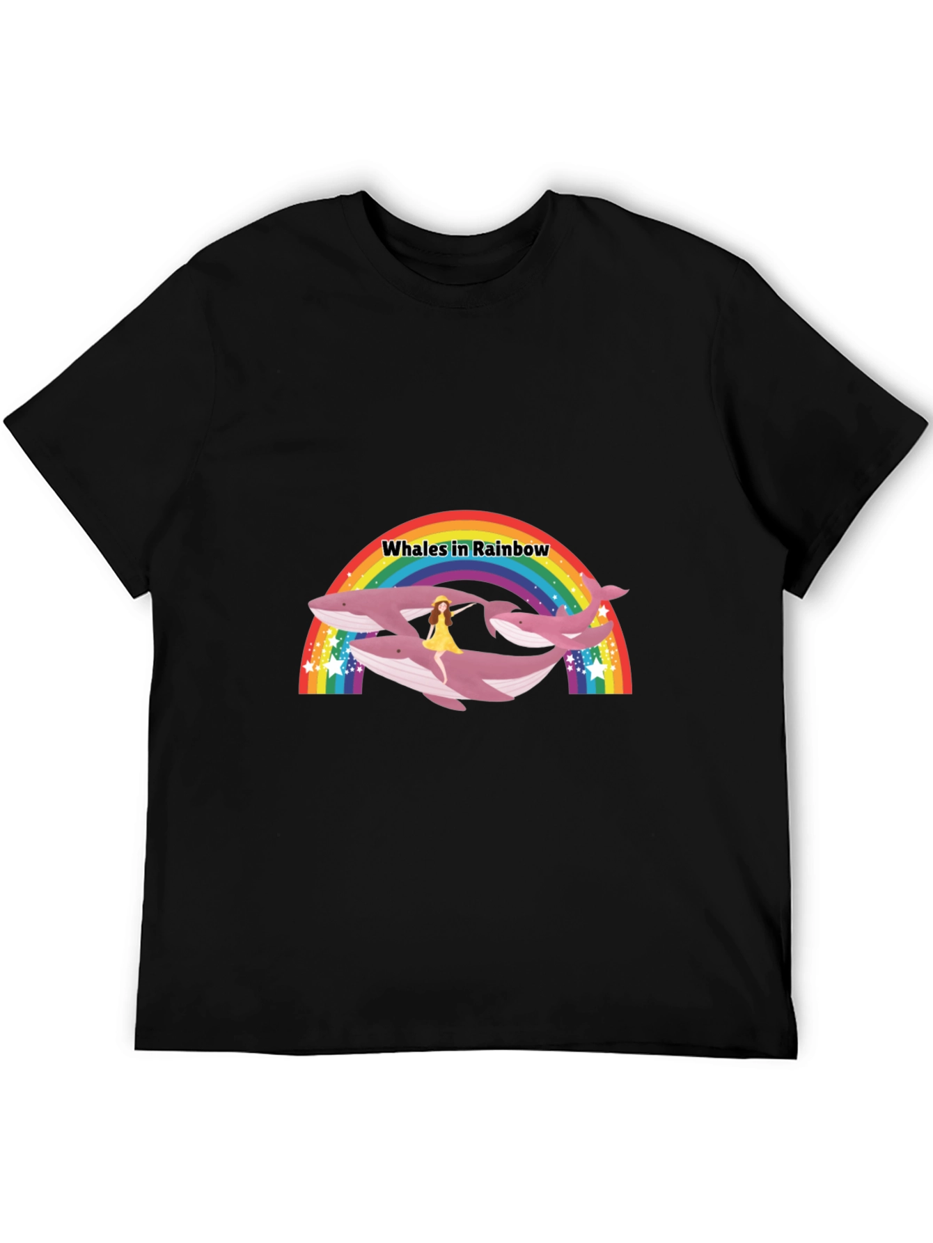 Whales in Rainbow Graphic Black T-Shirt