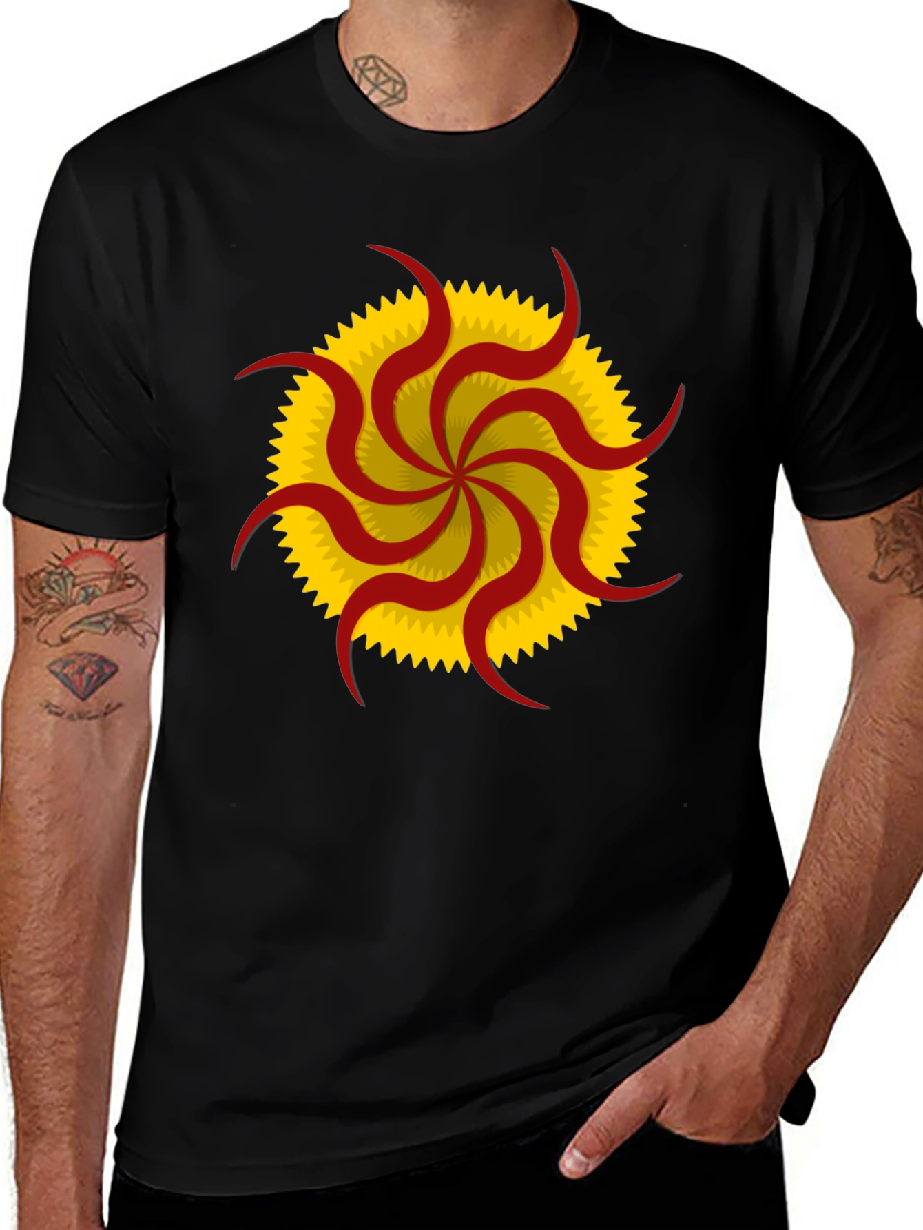 Unique Sunburst Graphic Tee - Black Cotton Casual Shirt
