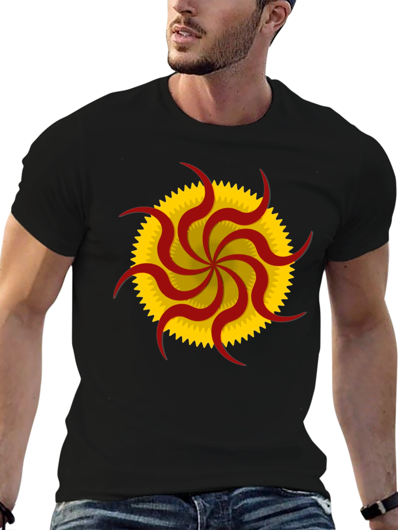 Unique Sunburst Graphic Tee - Black Cotton Casual Shirt