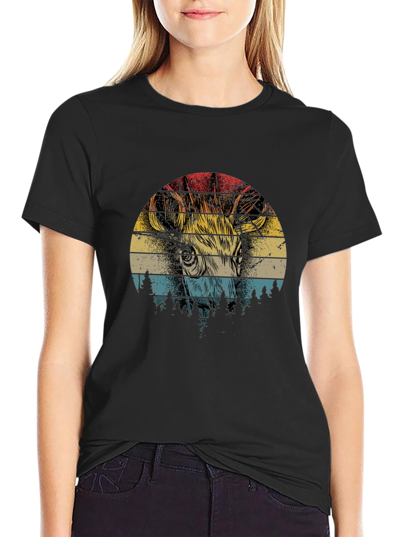 Retro Deer Graphic T-Shirt - Black