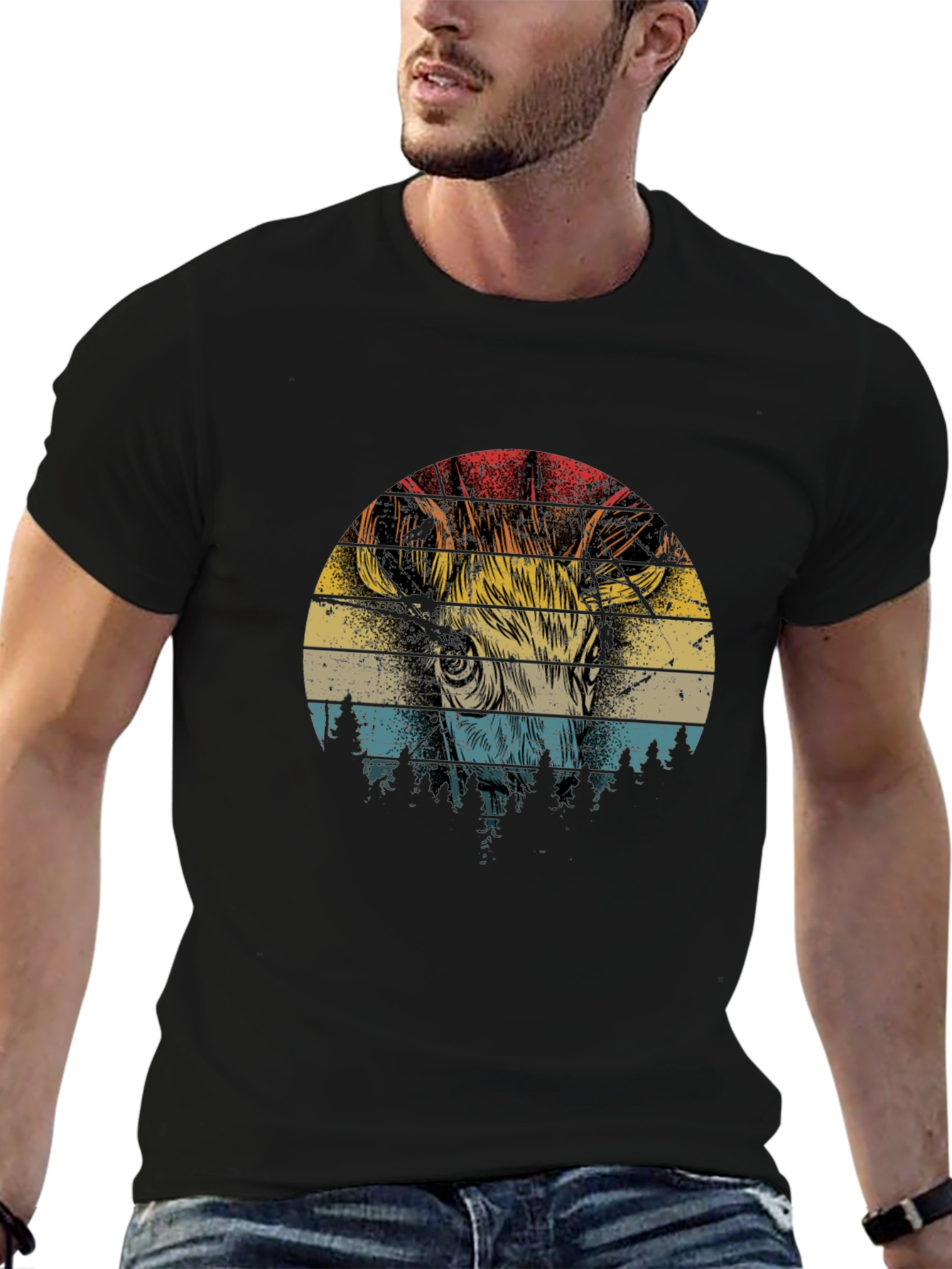 Retro Deer Graphic T-Shirt - Black