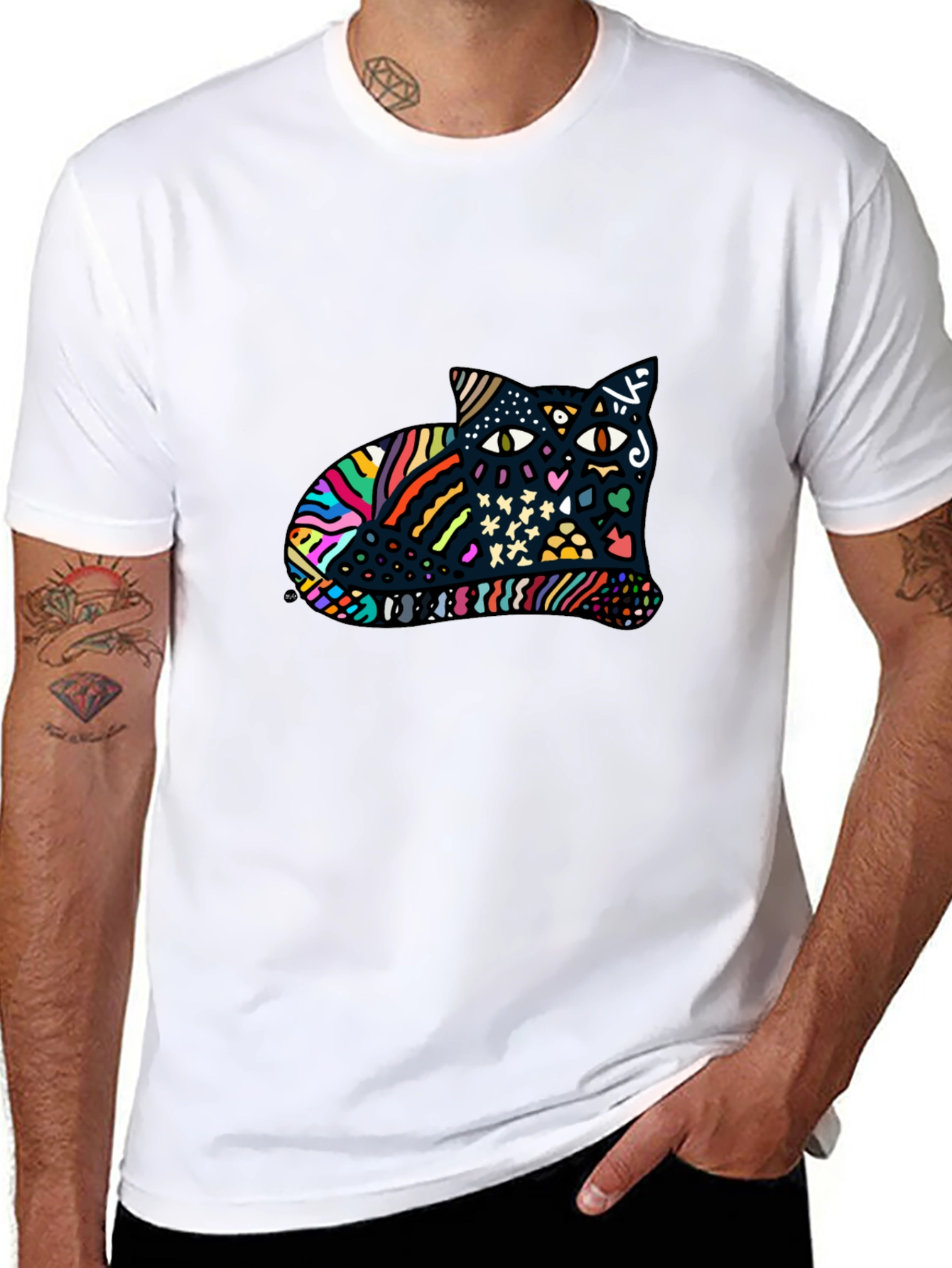 Abstract Cat Graphic Tee - Mens Black T-Shirt