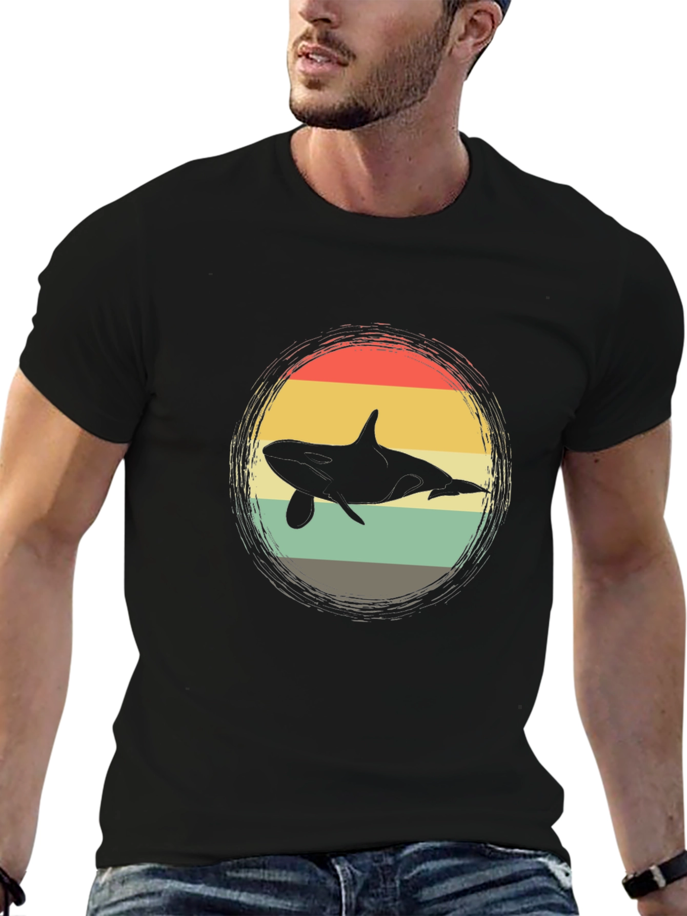Retro Orca Whale Graphic Tee - Black