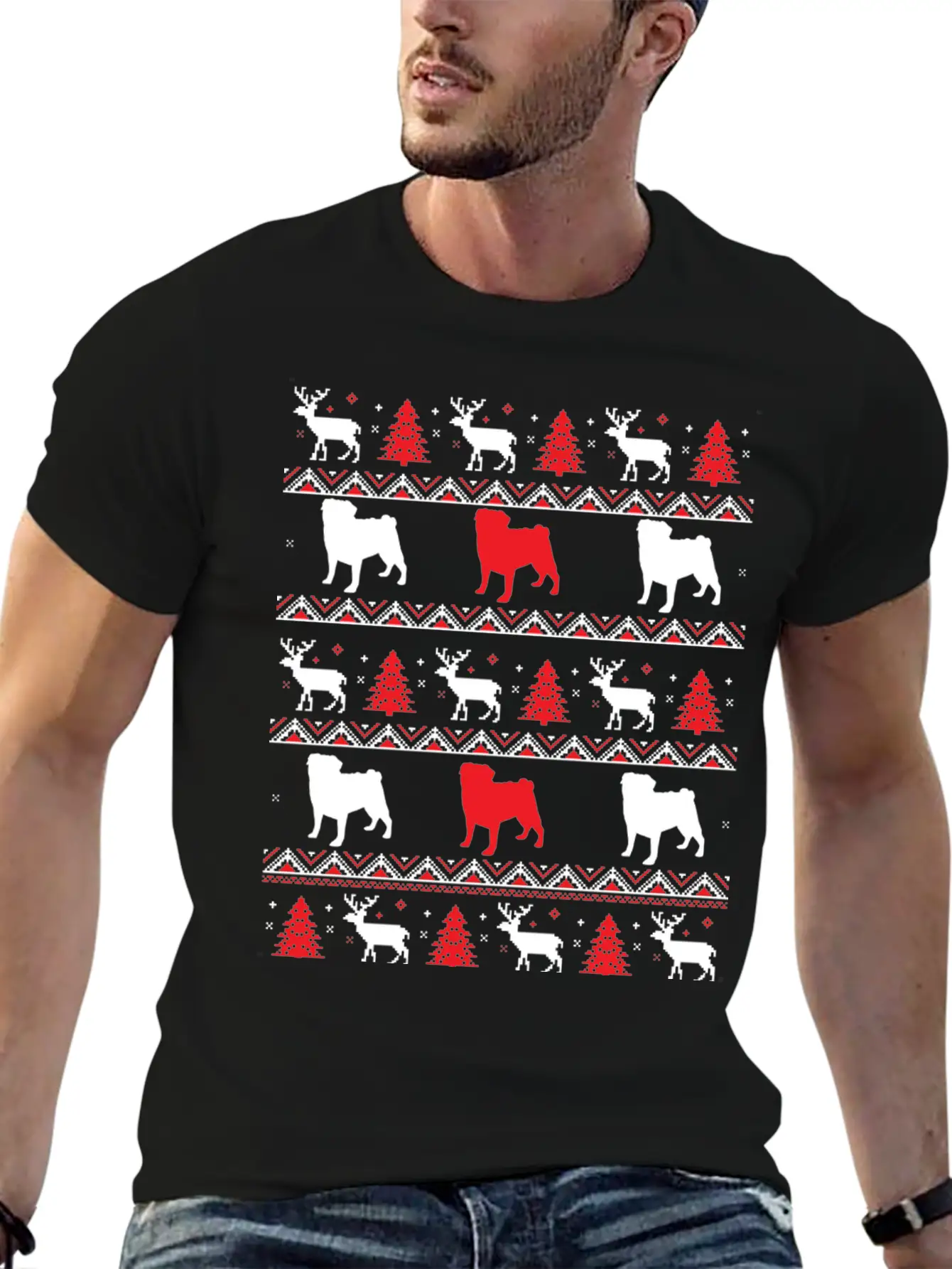 Xmas Pugs Ugle Christmas Pugdog Shirtdog Artdoggie Lightweight Cotton T-Shirt – Daily Comfort Graphic Shirt