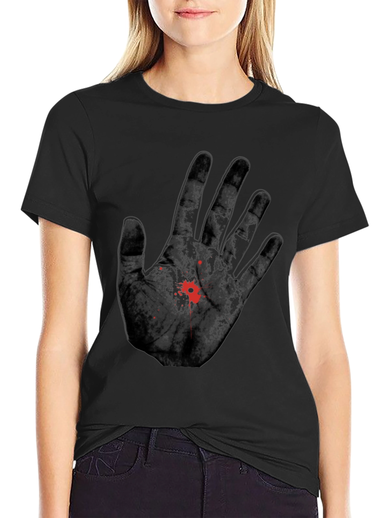 Bloody Hand Print Graphic Tee - Black Cotton T-Shirt