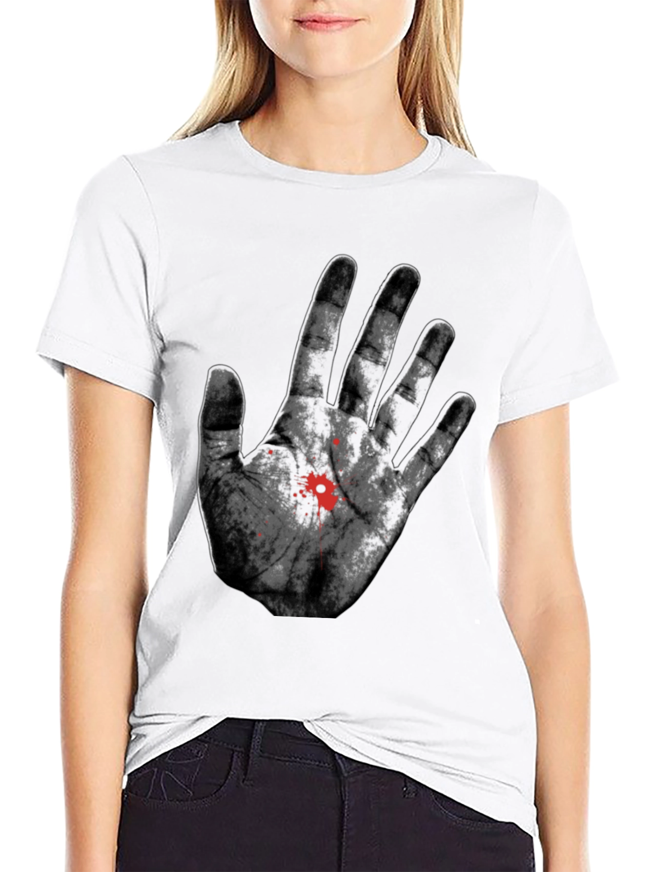 Bloody Hand Print Graphic Tee - Black Cotton T-Shirt