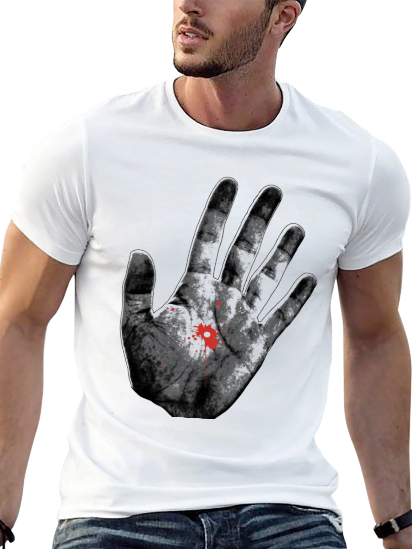 Bloody Hand Print Graphic Tee - Black Cotton T-Shirt