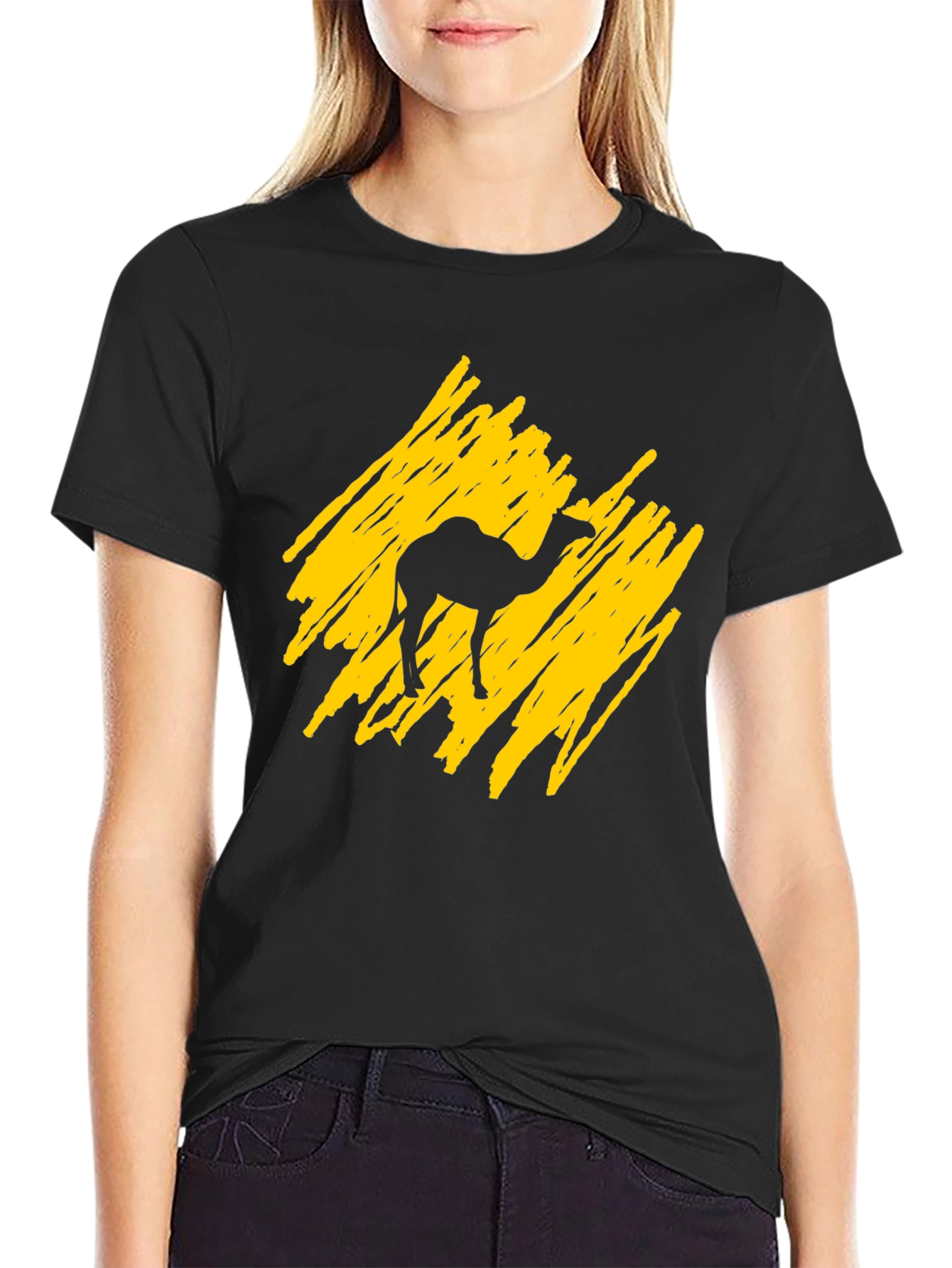 Camel Silhouette Graphic Tee - Trendy Crew Neck T-Shirt