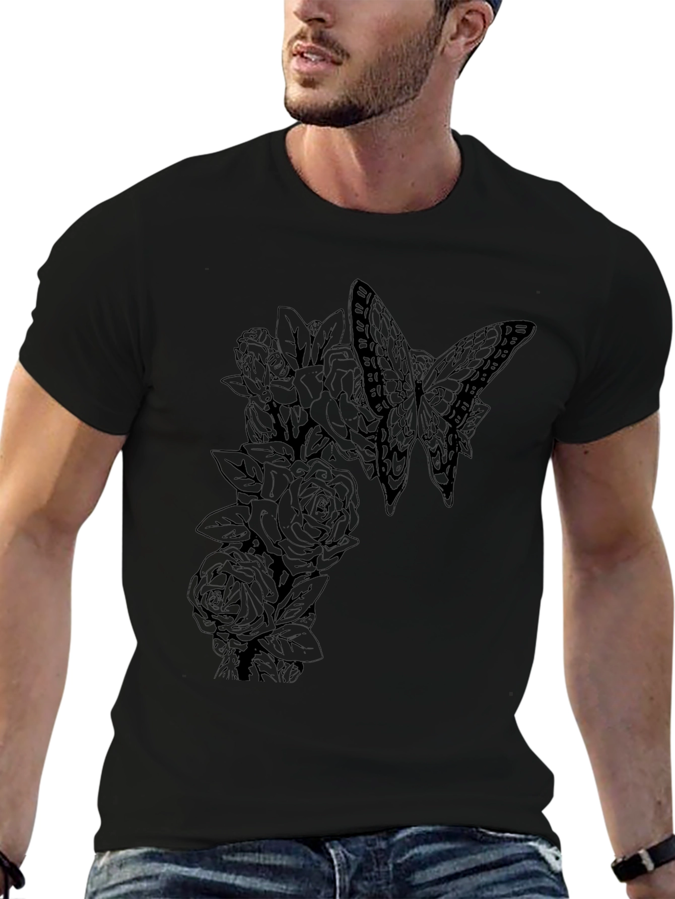 Butterfly & Roses Graphic Black Tee