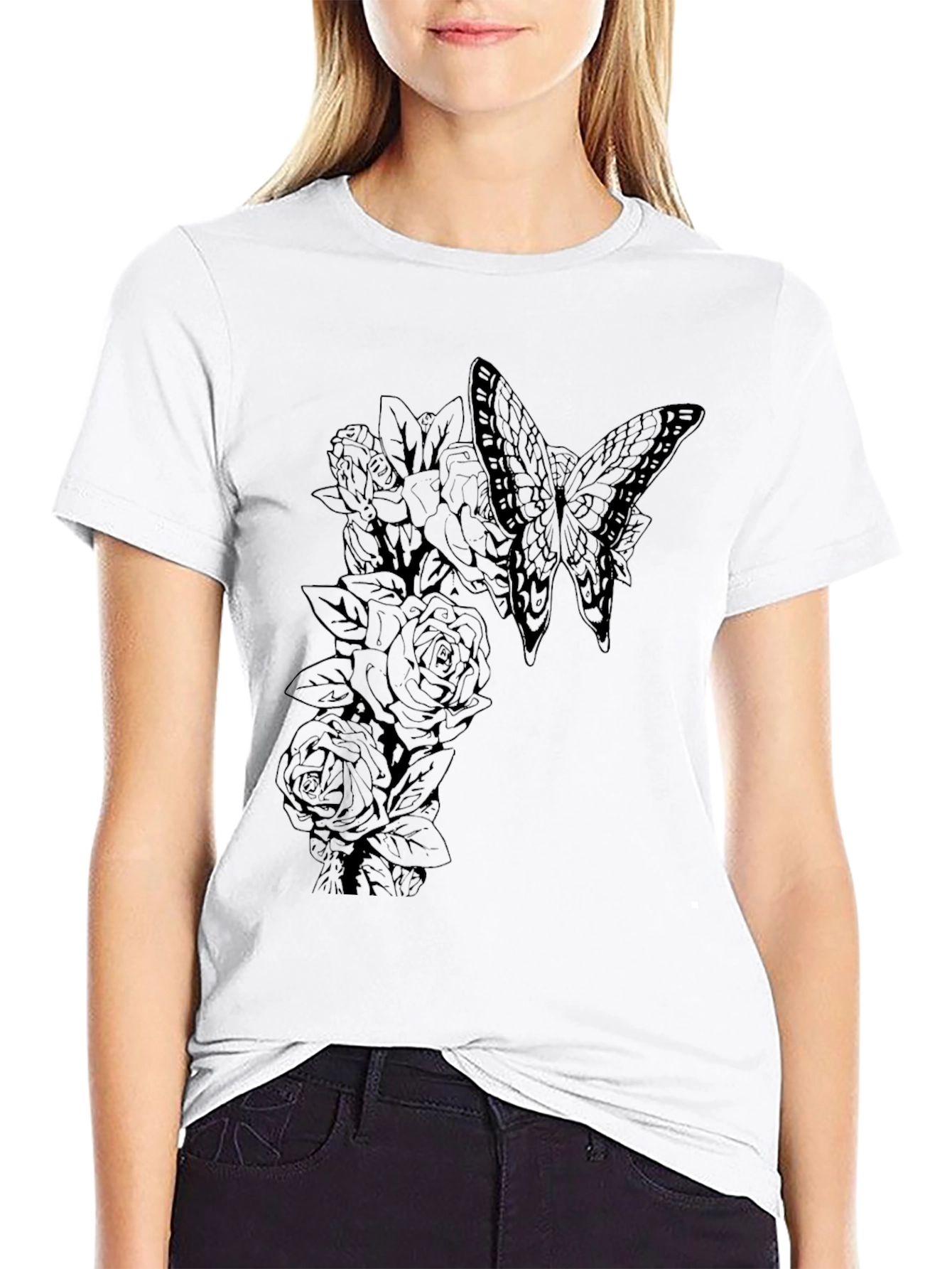 Butterfly & Roses Graphic Black Tee