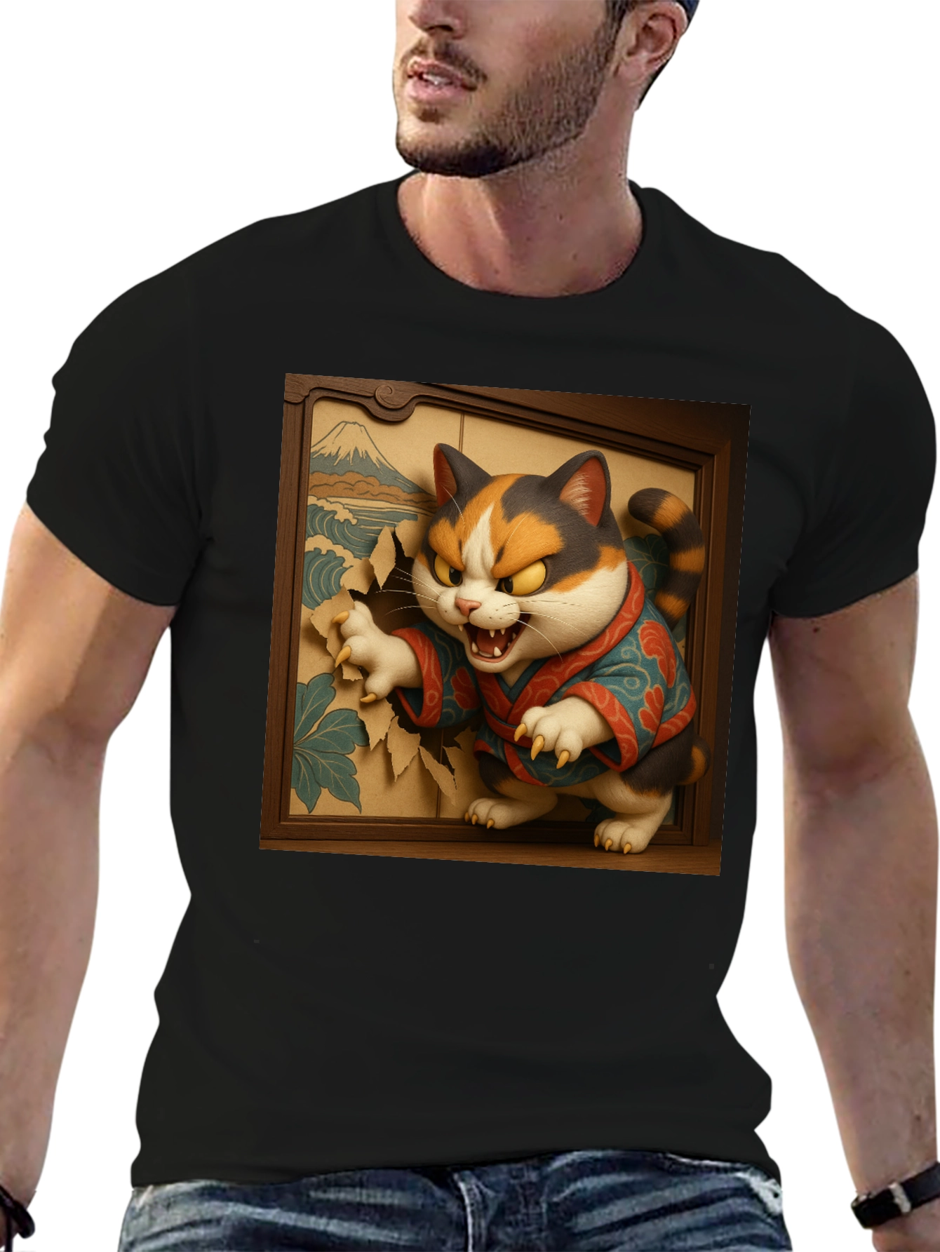 Angry Cat T-Shirt - Japanese Ukiyo-e Art Style