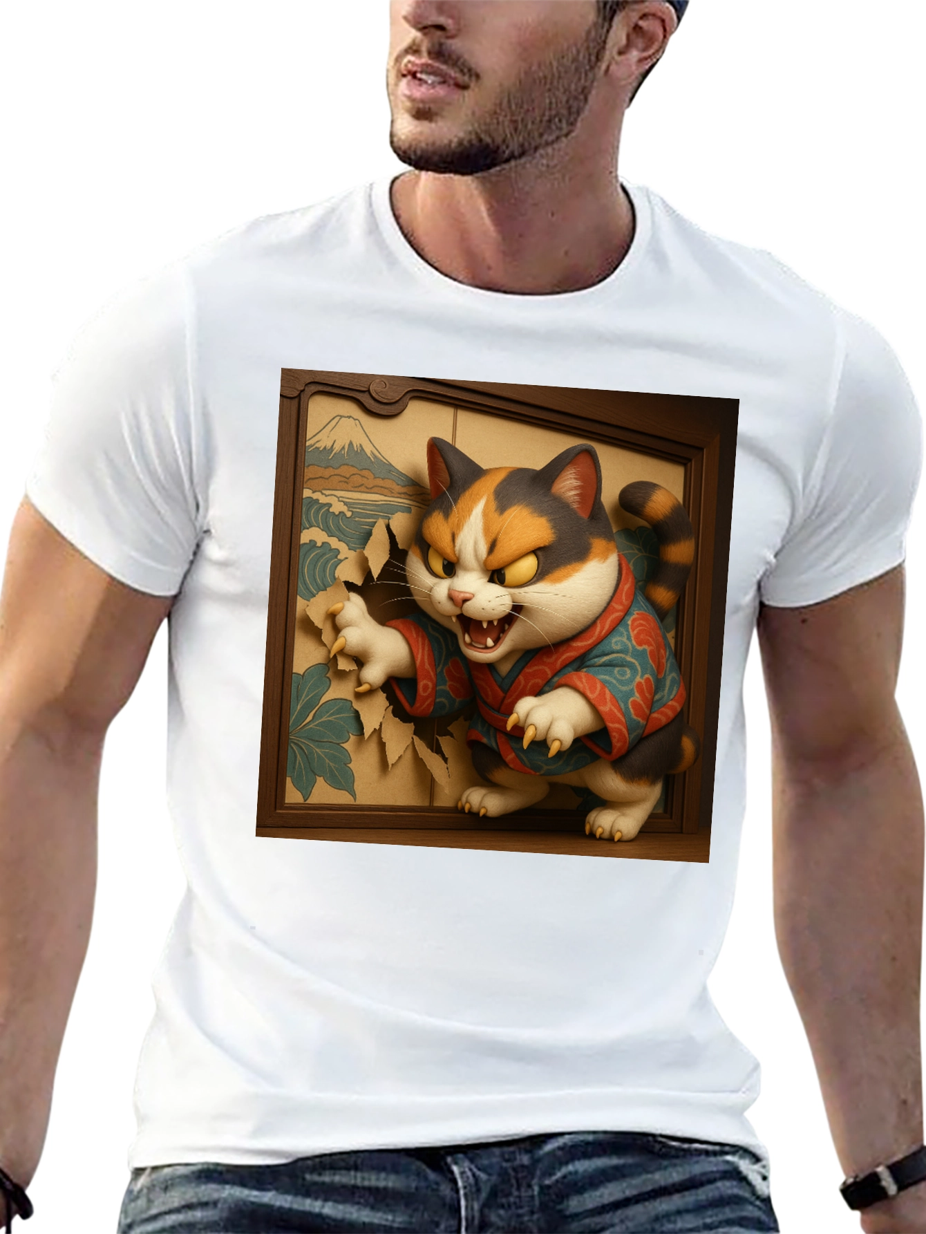 Angry Cat T-Shirt - Japanese Ukiyo-e Art Style