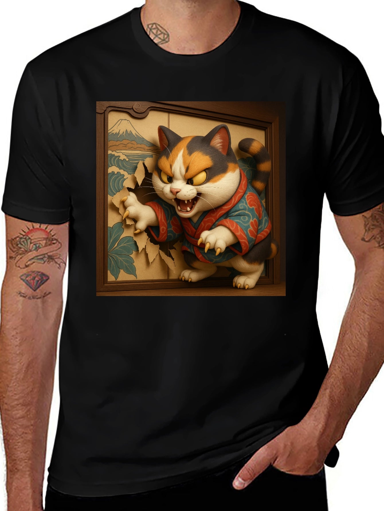 Angry Cat T-Shirt - Japanese Ukiyo-e Art Style