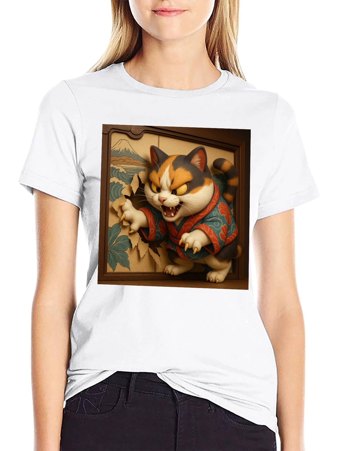 Angry Cat T-Shirt - Japanese Ukiyo-e Art Style