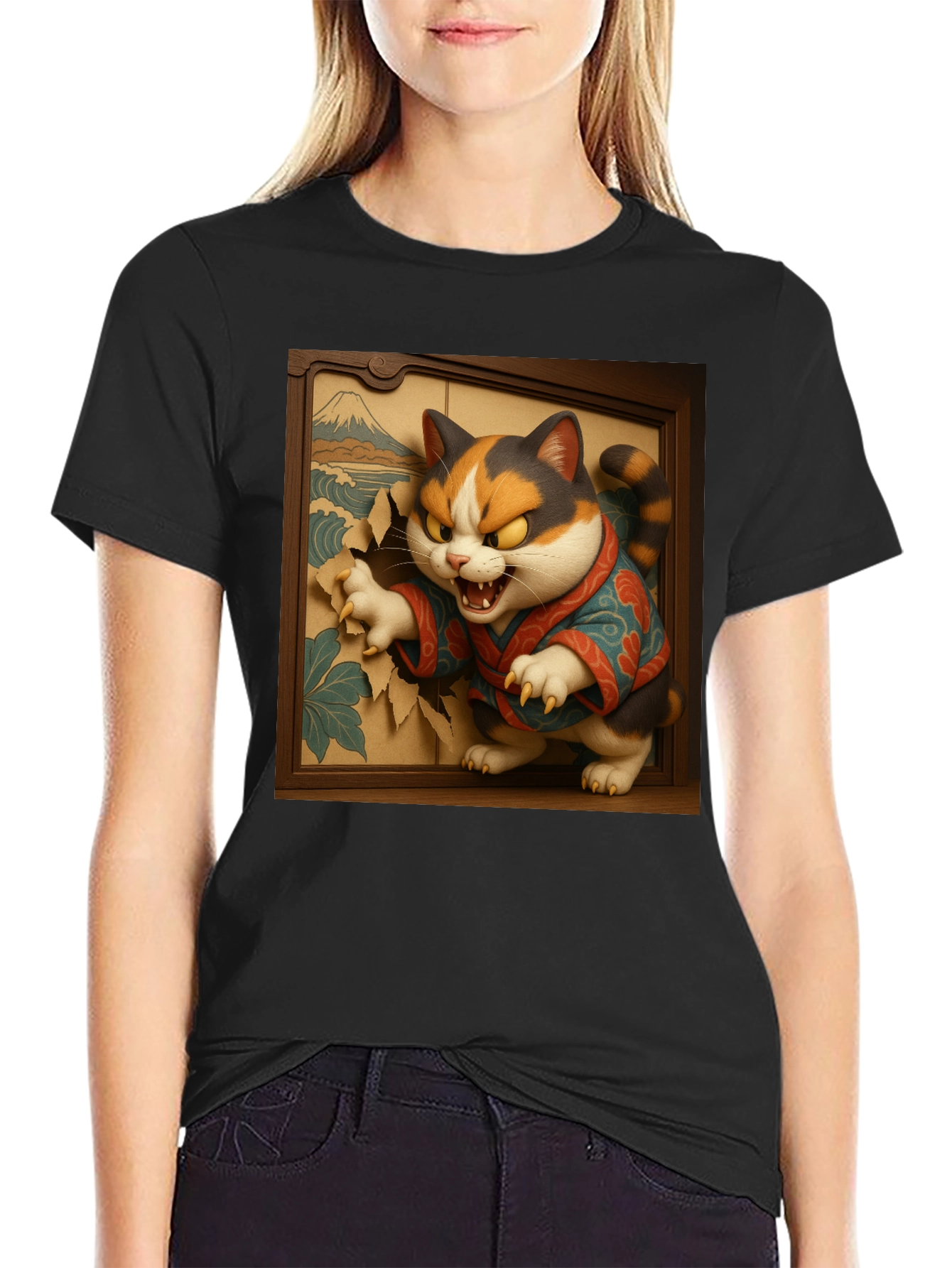 Angry Cat T-Shirt - Japanese Ukiyo-e Art Style