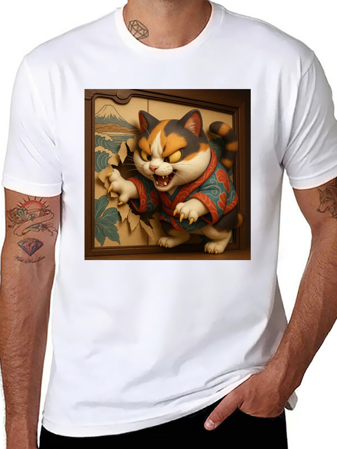 Angry Cat T-Shirt - Japanese Ukiyo-e Art Style