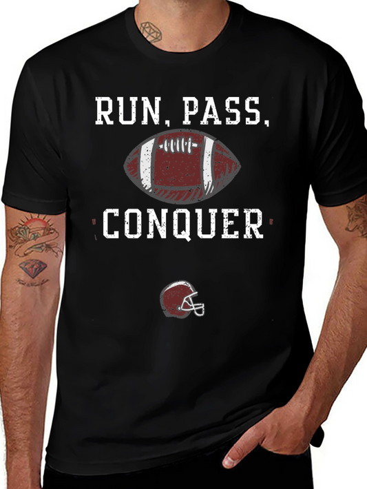 Run Pass Conquer Football Graphic T-Shirt
