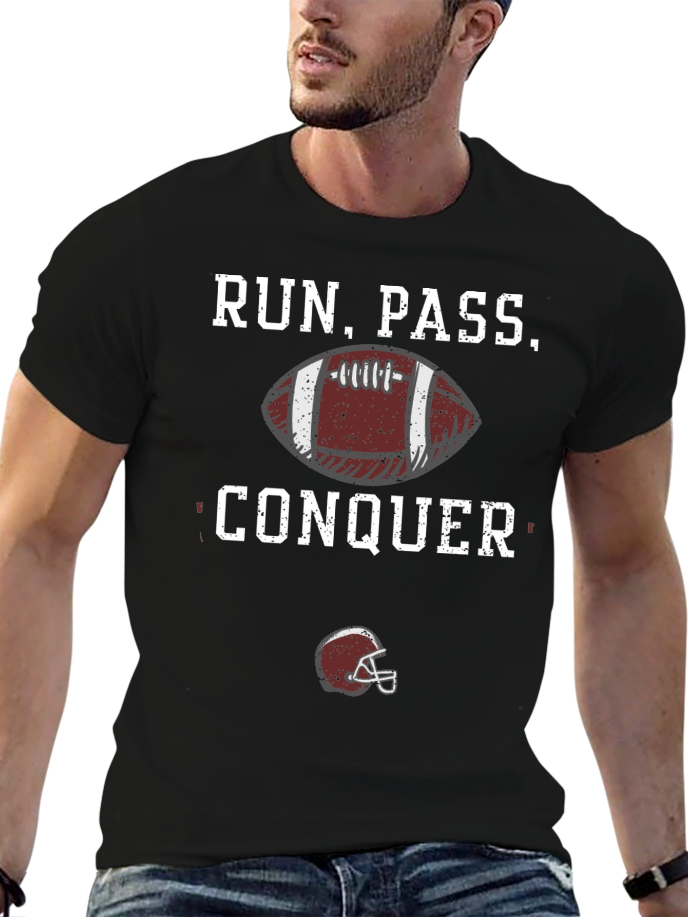 Run Pass Conquer Football Graphic T-Shirt