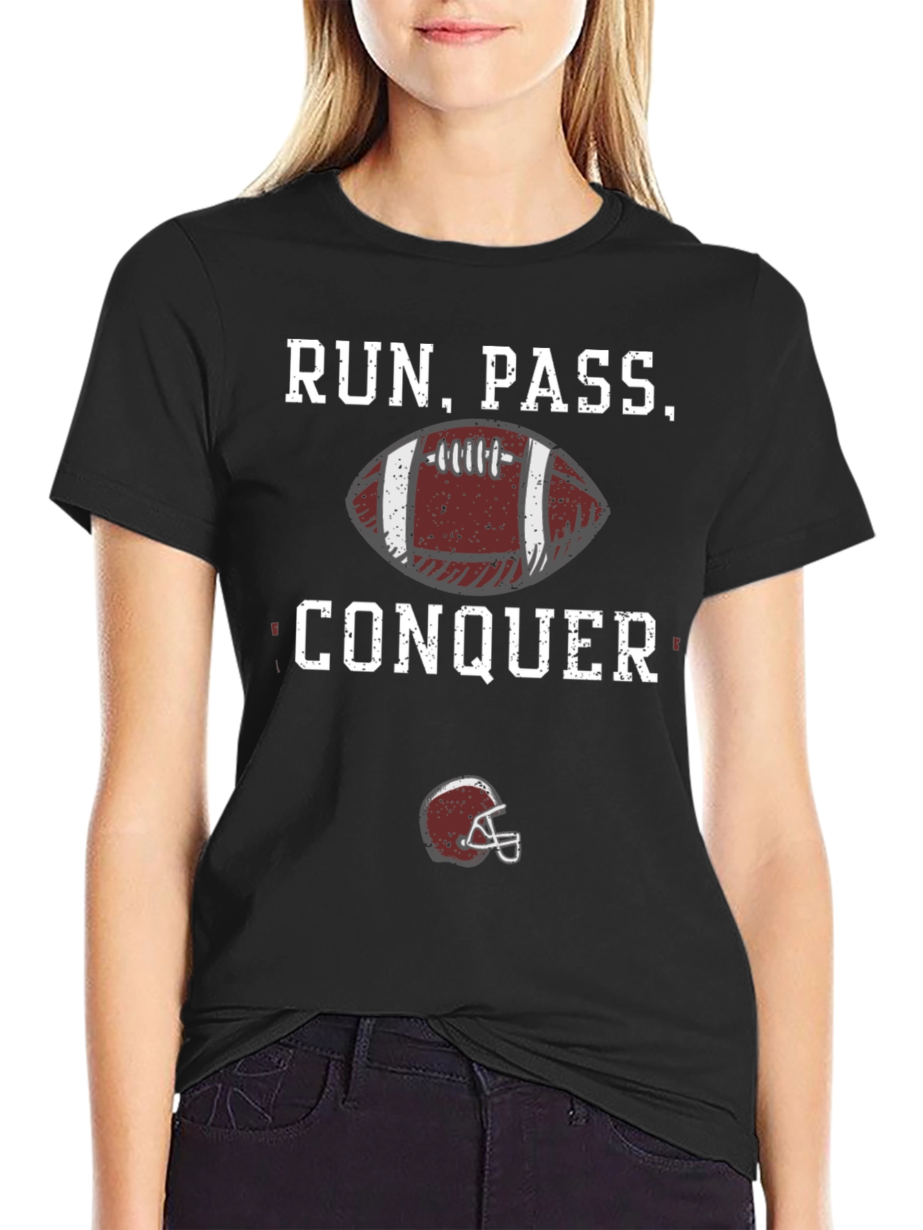 Run Pass Conquer Football Graphic T-Shirt