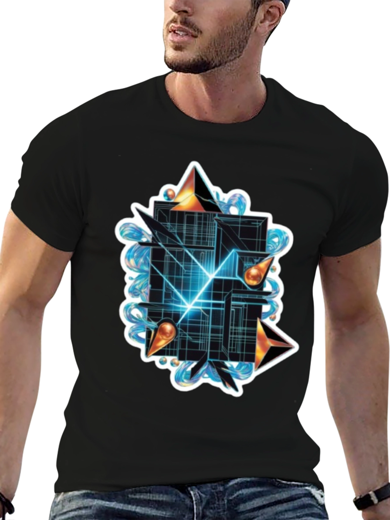 Abstract Geometric Graphic Tee - Stylish Black T-Shirt