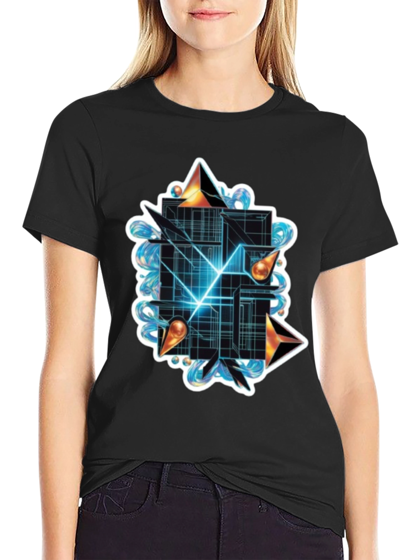 Abstract Geometric Graphic Tee - Stylish Black T-Shirt