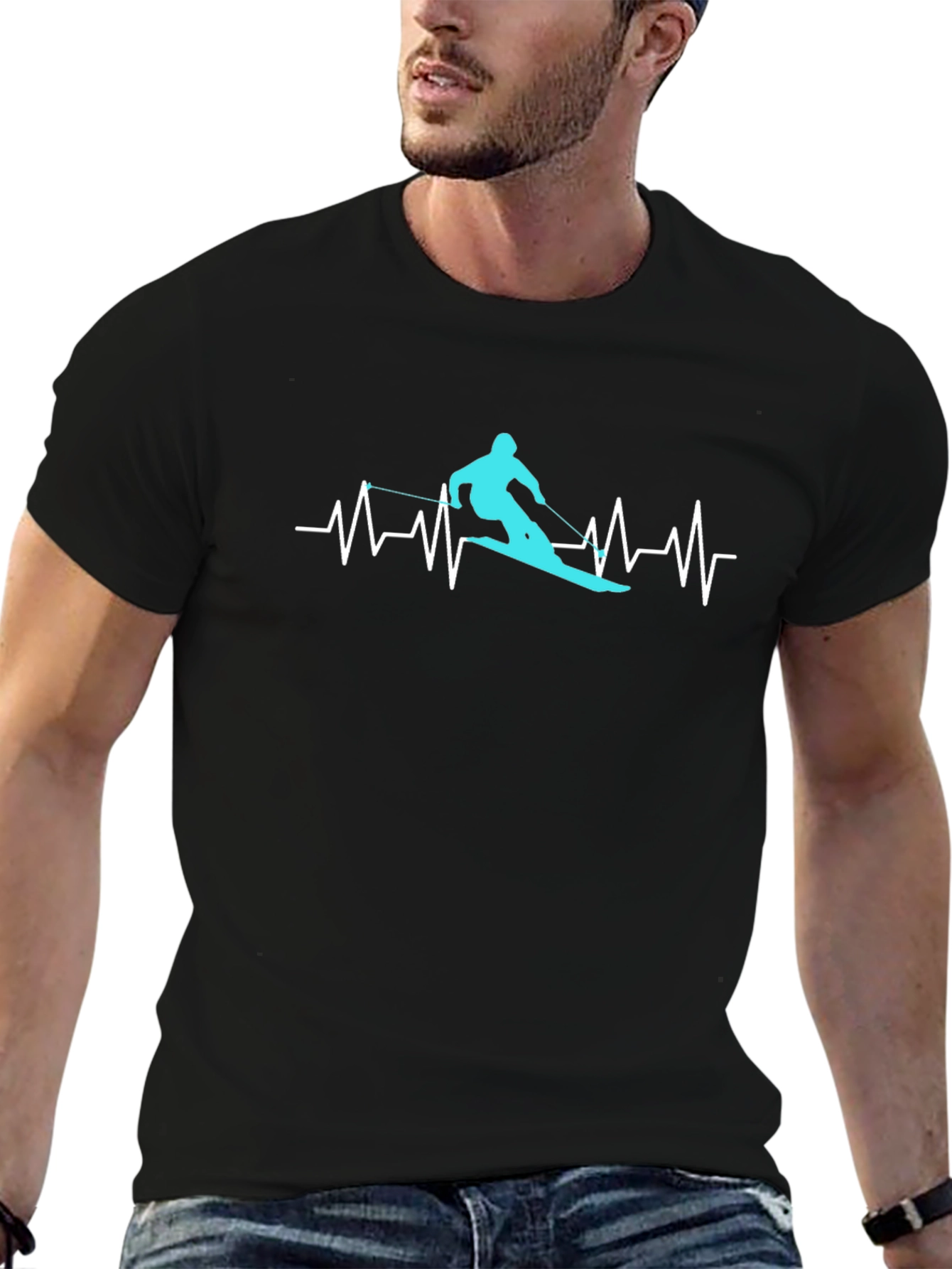 Skiing Heartbeat Graphic Tee - Black Cotton T-Shirt