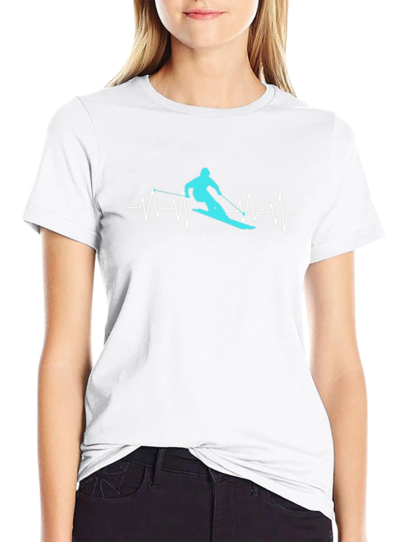 Skiing Heartbeat Graphic Tee - Black Cotton T-Shirt