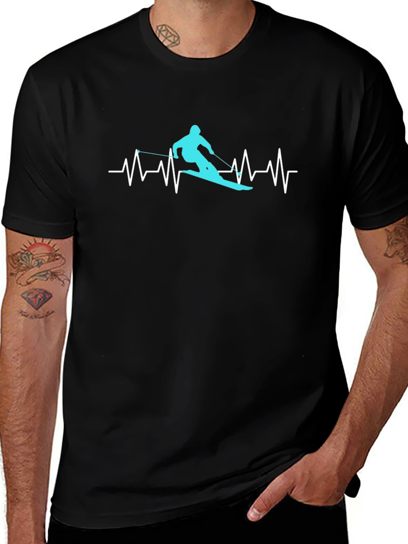 Skiing Heartbeat Graphic Tee - Black Cotton T-Shirt