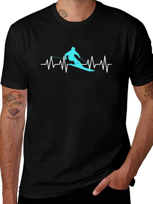 Skiing Heartbeat Graphic Tee - Black Cotton T-Shirt
