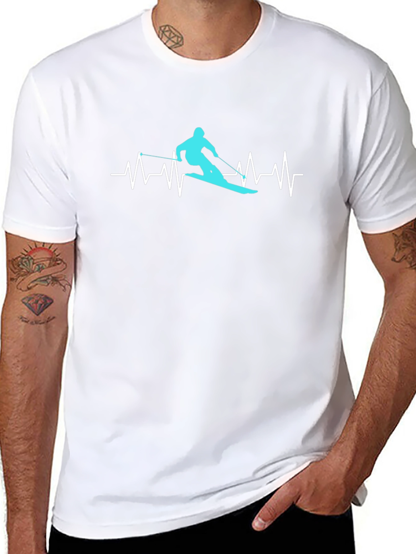 Skiing Heartbeat Graphic Tee - Black Cotton T-Shirt