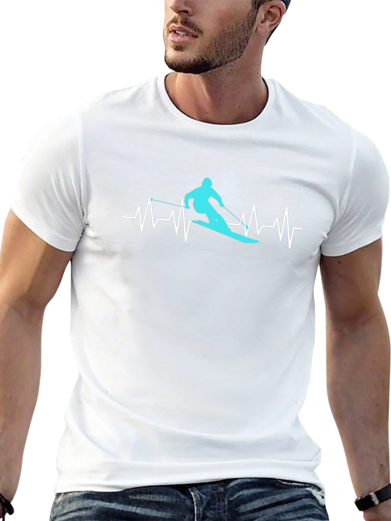 Skiing Heartbeat Graphic Tee - Black Cotton T-Shirt