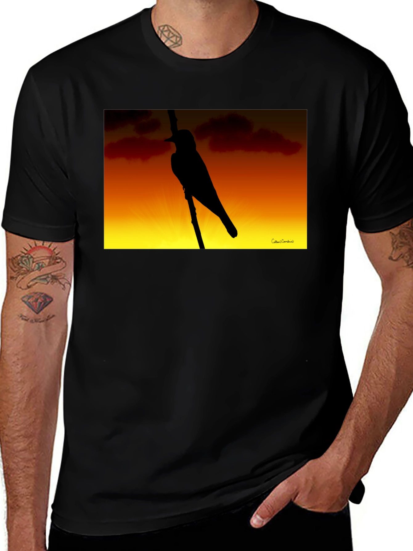Sunset Bird Silhouette Graphic Tee - Black