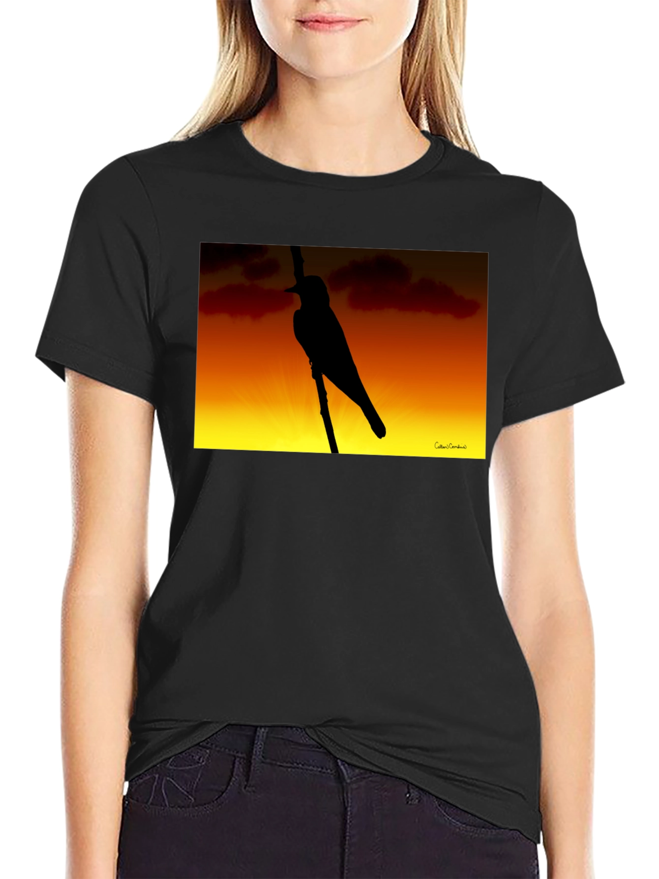 Sunset Bird Silhouette Graphic Tee - Black