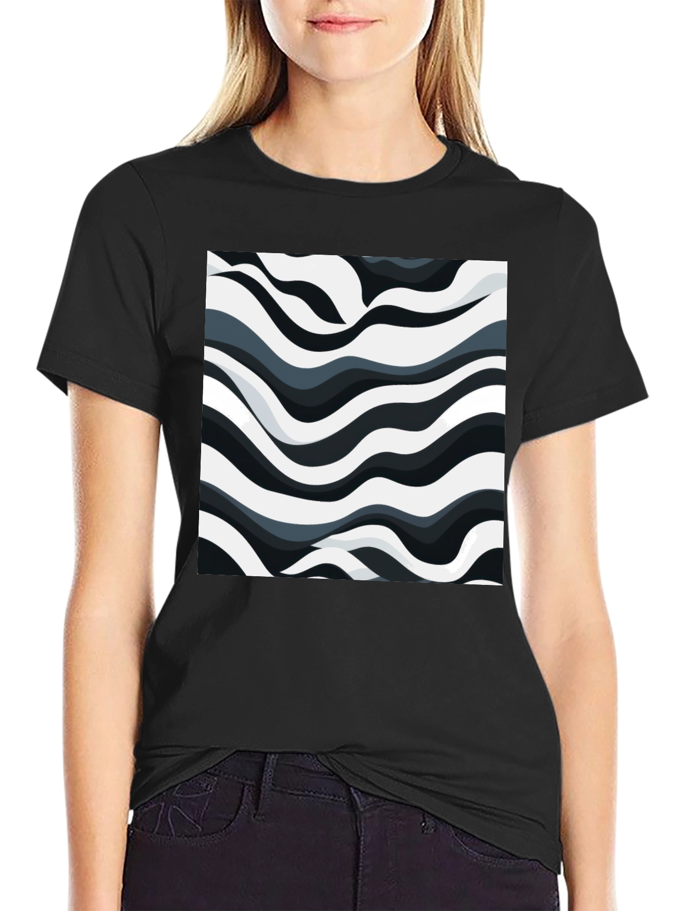 Abstract Wave Pattern Black T-Shirt