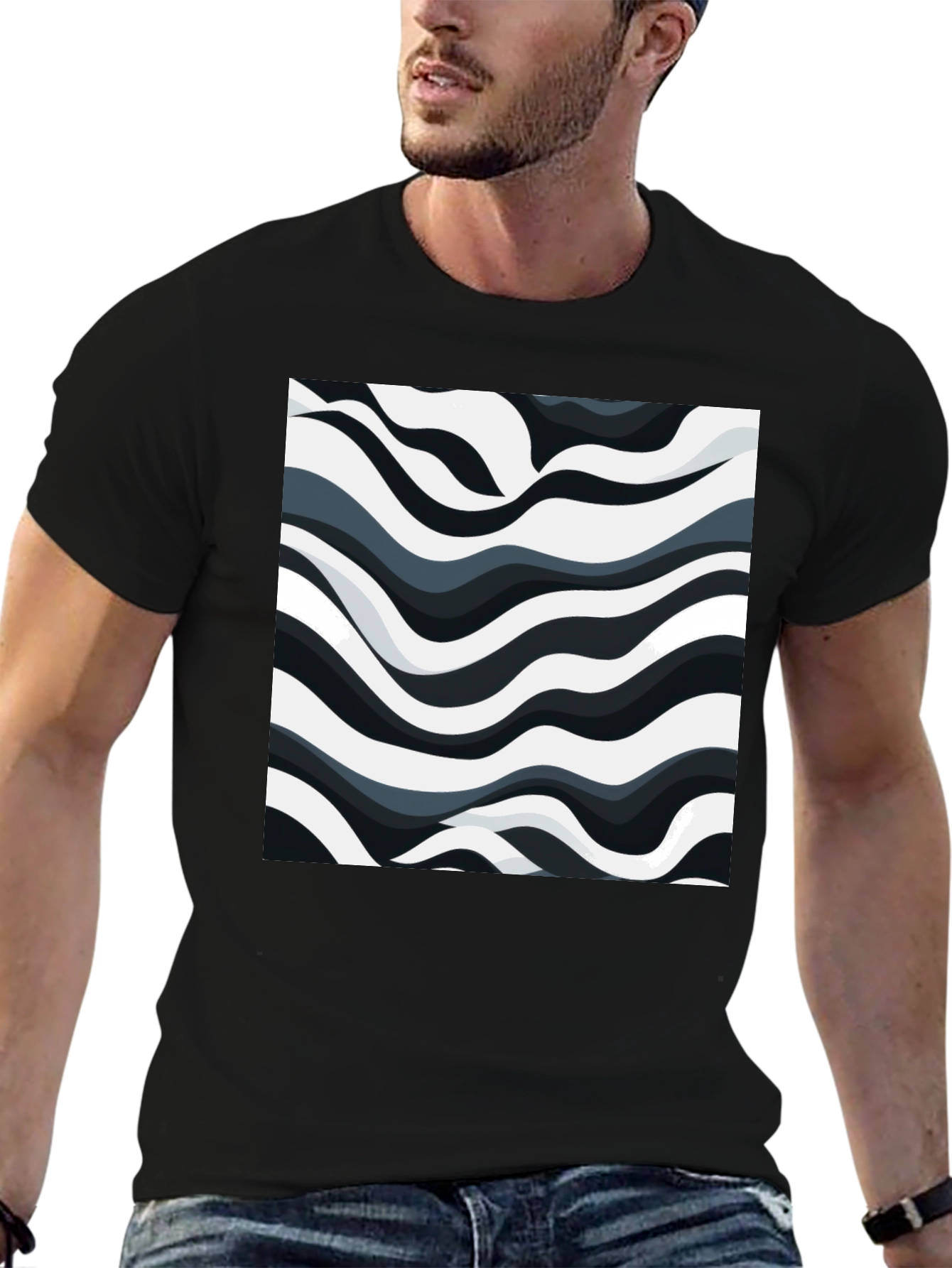 Abstract Wave Pattern Black T-Shirt