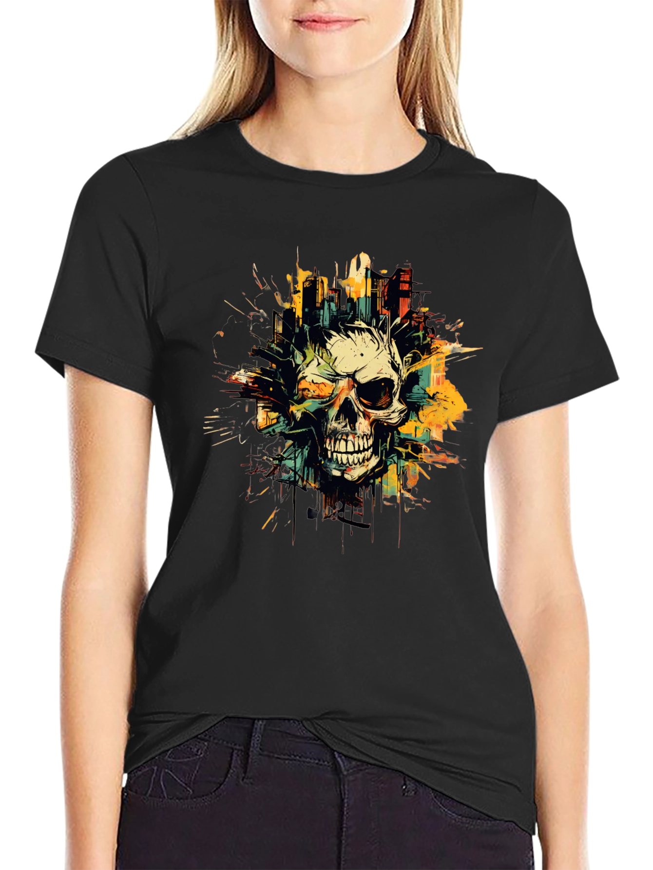 Skull City Graphic Tee - Black Cotton